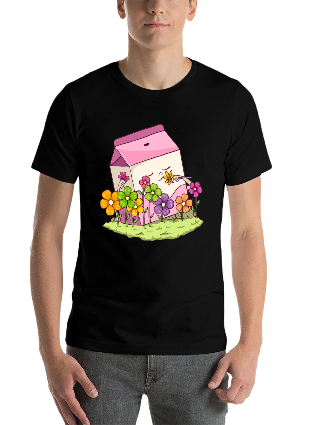 Black Cute Milk Carton & Flowers Graphic Tee view 7