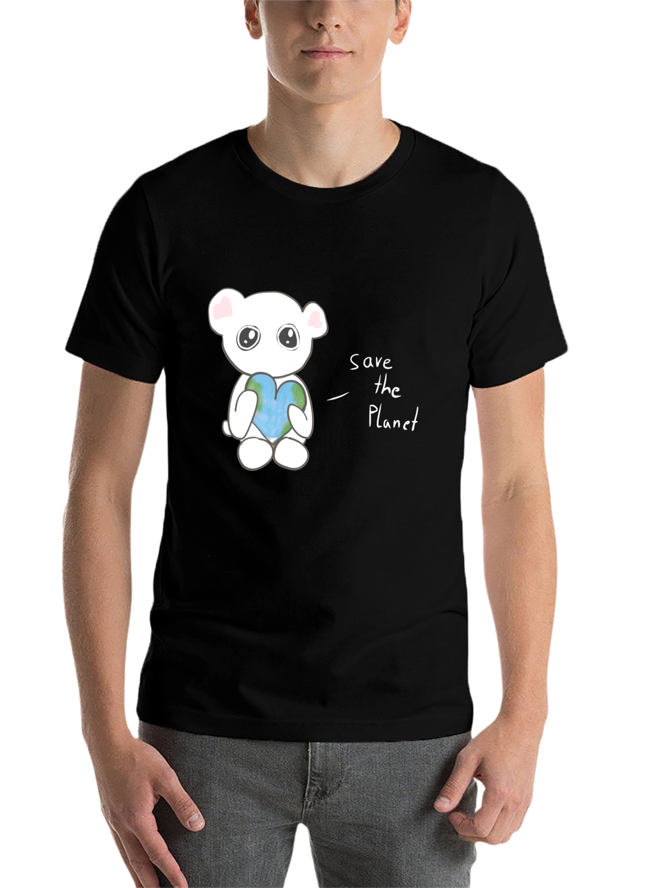 Black Save the Planet Bear T-Shirt - Black, Eco-Friendly Design view 7