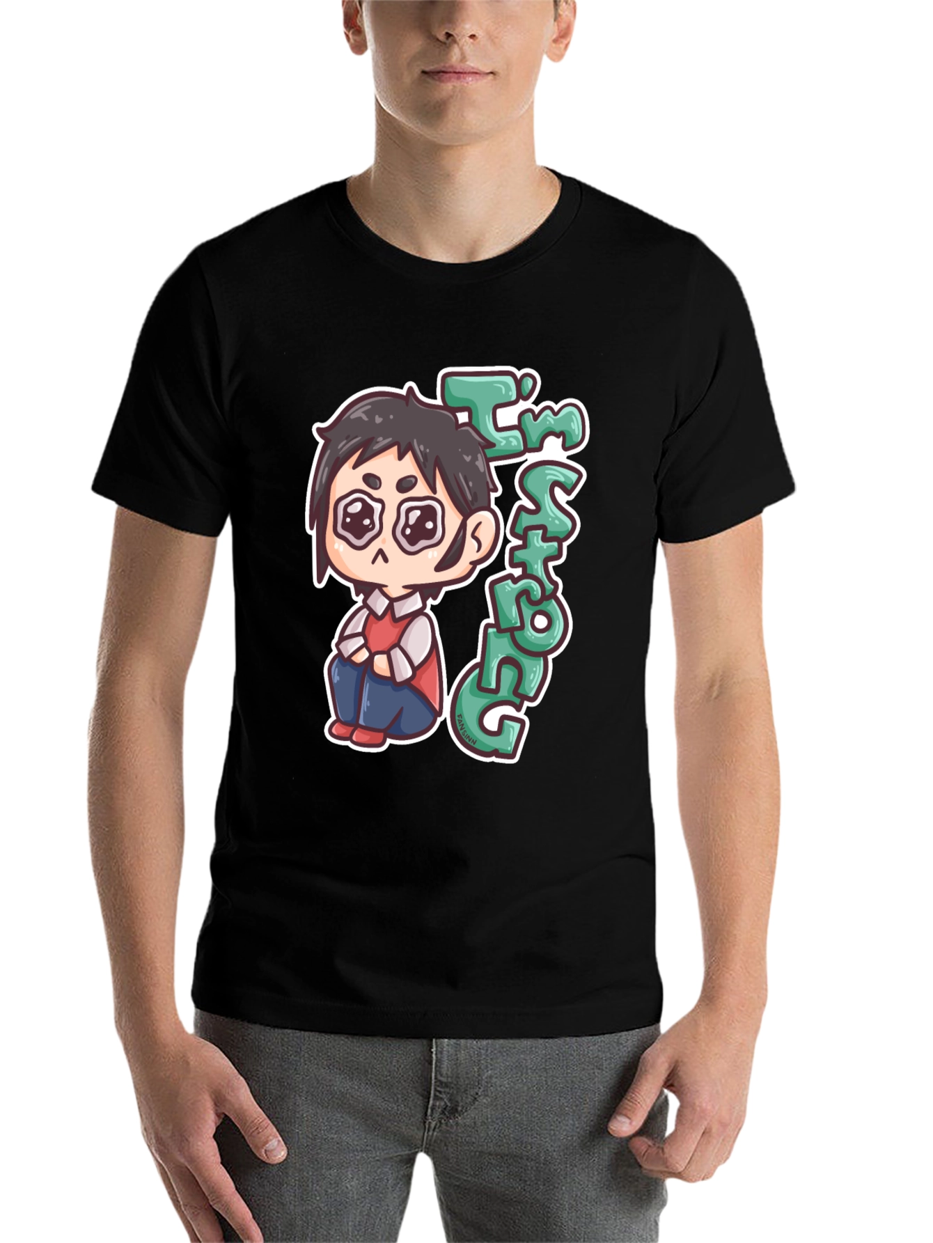 Black Chibi Anime "I'm Strong" Graphic Black T-Shirt view 7