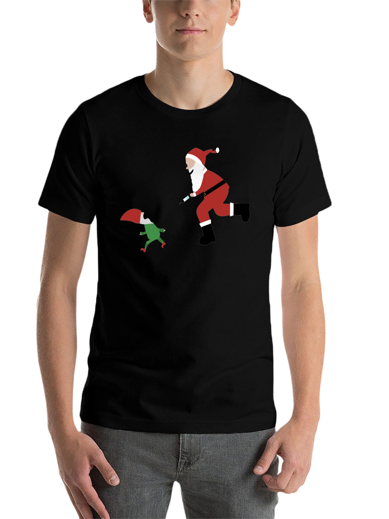 Black Santa Elf Syringe Black T-Shirt view 7