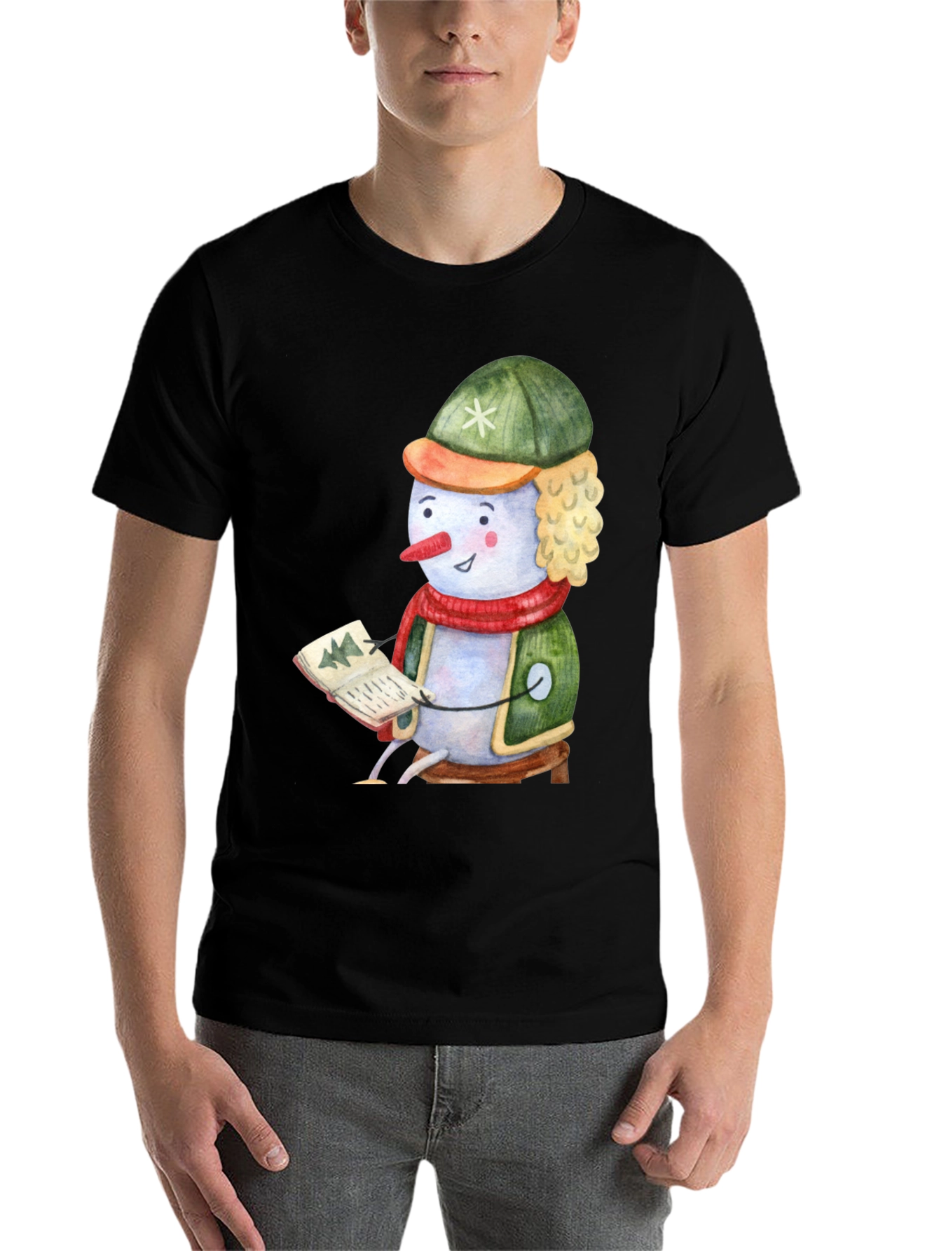Black Festive Snowman Reading T-Shirt view 7
