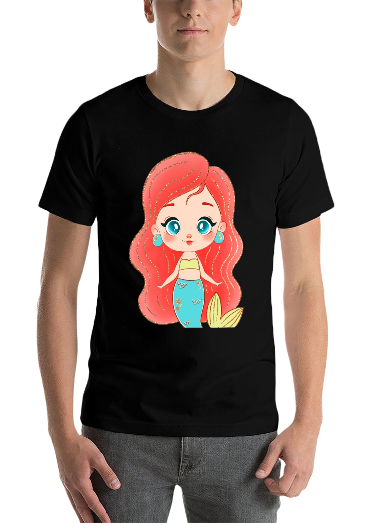 Black Mermaid Cartoon Graphic Black T-Shirt view 7