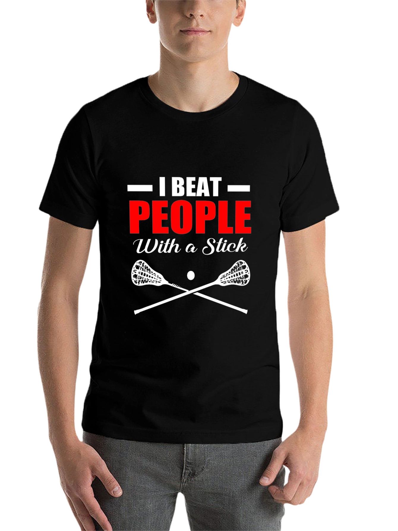 Black I Beat People With a Stick Lacrosse T-Shirt view 7