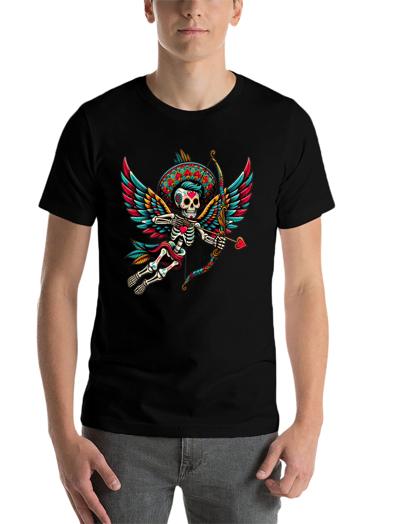 Black Sugar Skull Cupid T-Shirt - Unique Dia de los Muertos Design view 7