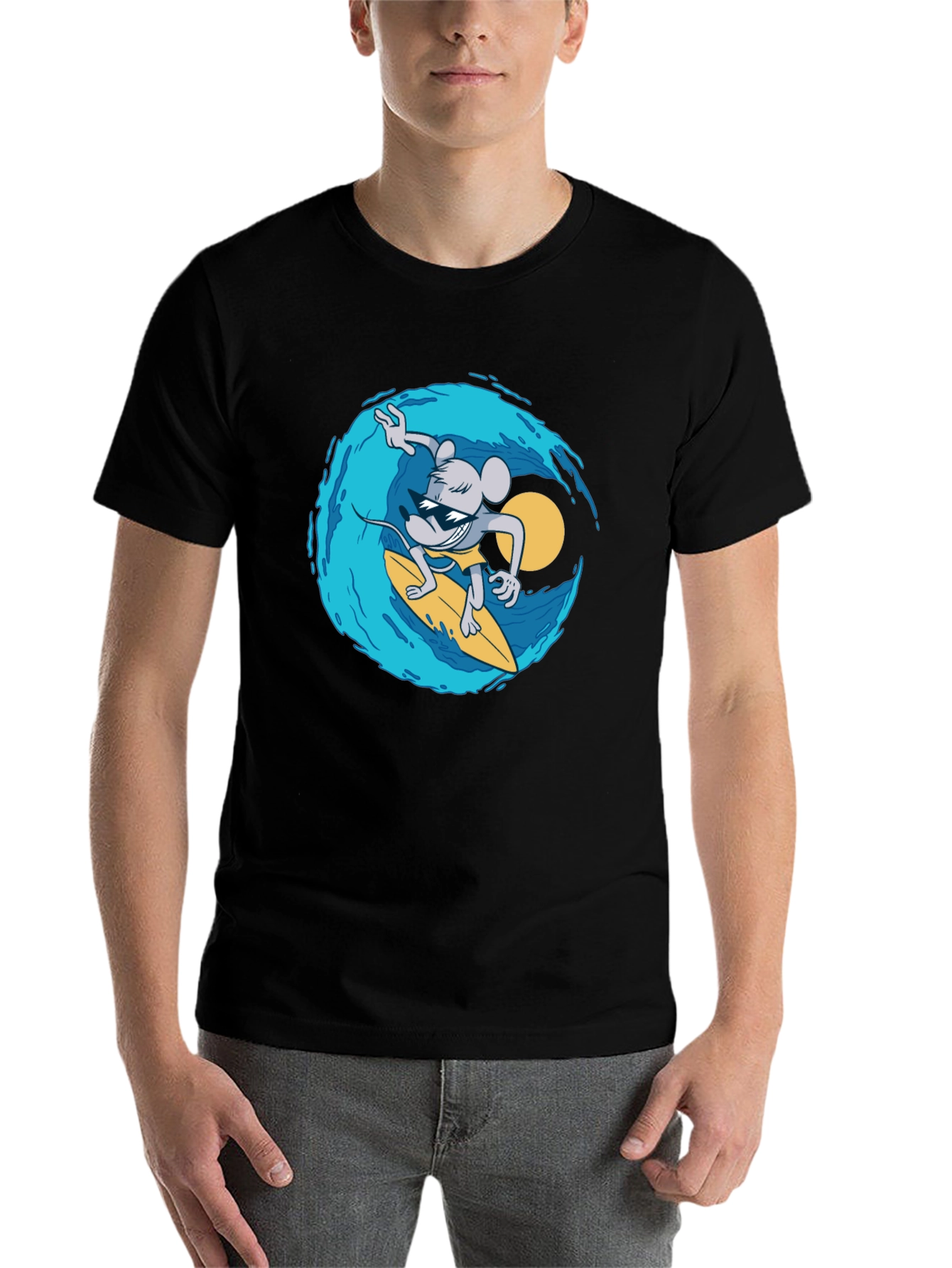 Black Surfing Mouse Graphic Tee - Cool Black T-Shirt view 7
