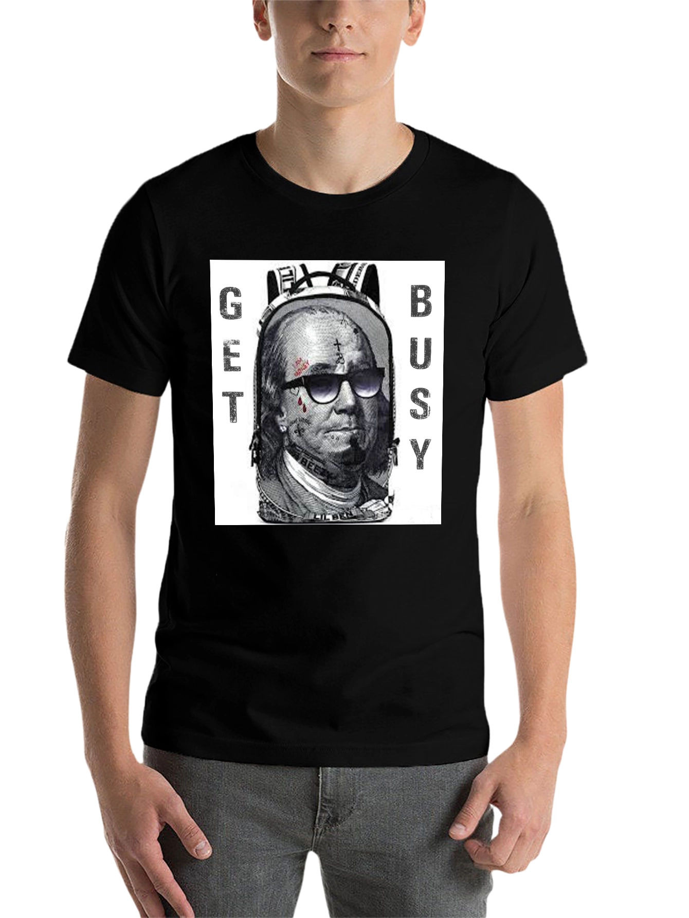 Black Get Busy Graphic T-Shirt - Unique Design view 7