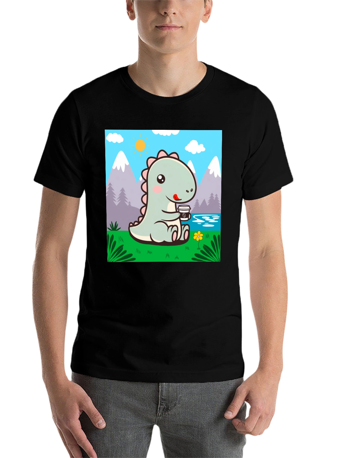 Black Cute Dinosaur Coffee T-Shirt view 7
