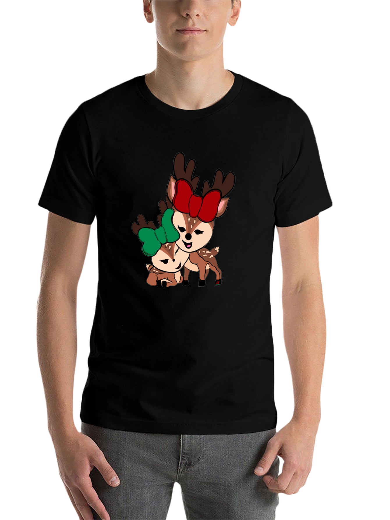 Black Cute Deer Couple T-Shirt - Holiday Season Apparel view 7