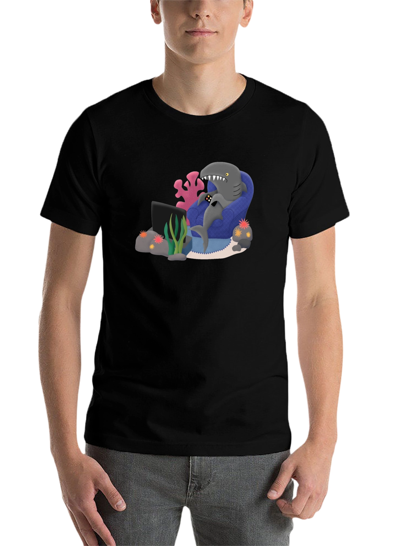 Black Gamer Shark Graphic Tee - Comfy and Fun! view 7