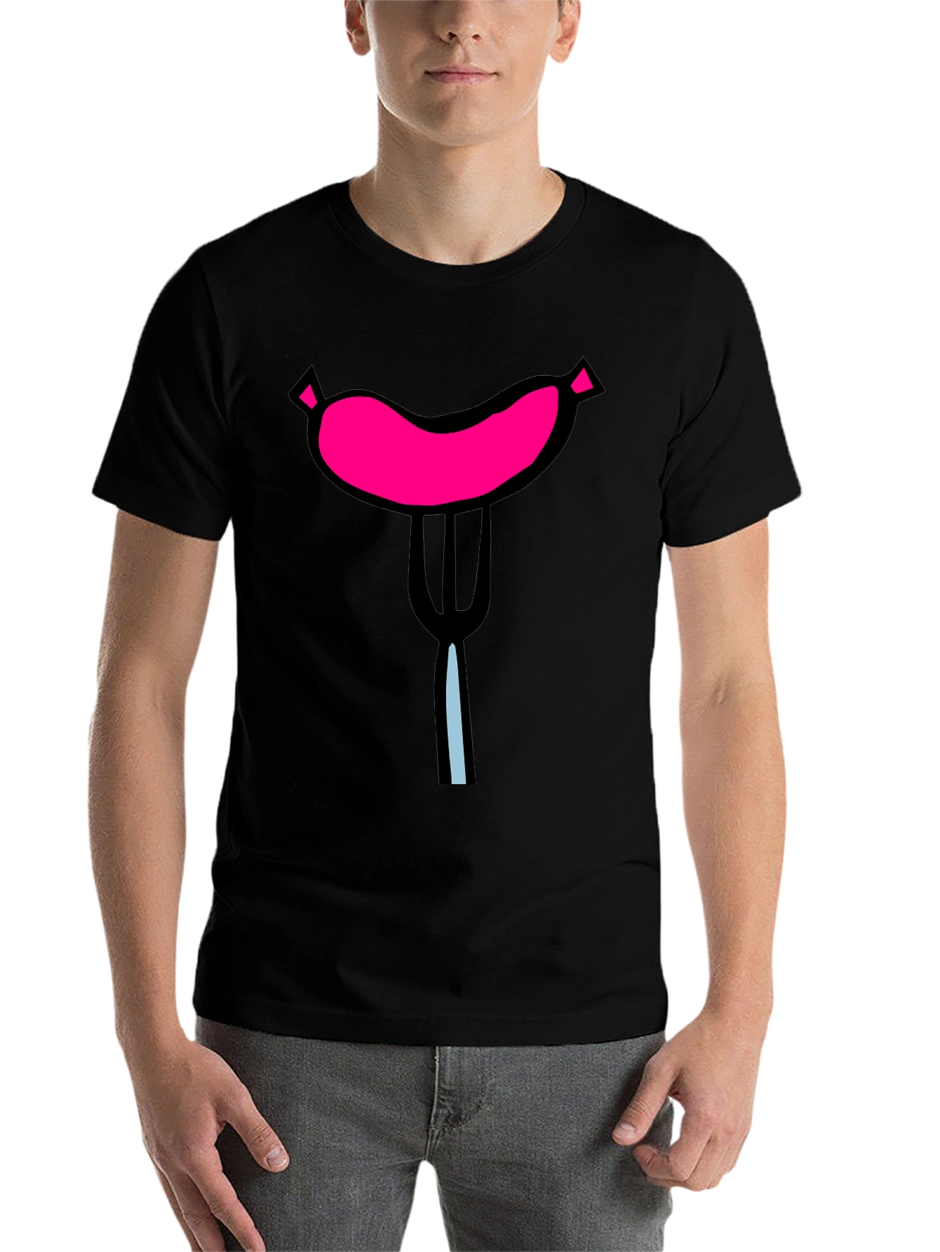 Black Funny Sausage on Fork Black T-Shirt view 7