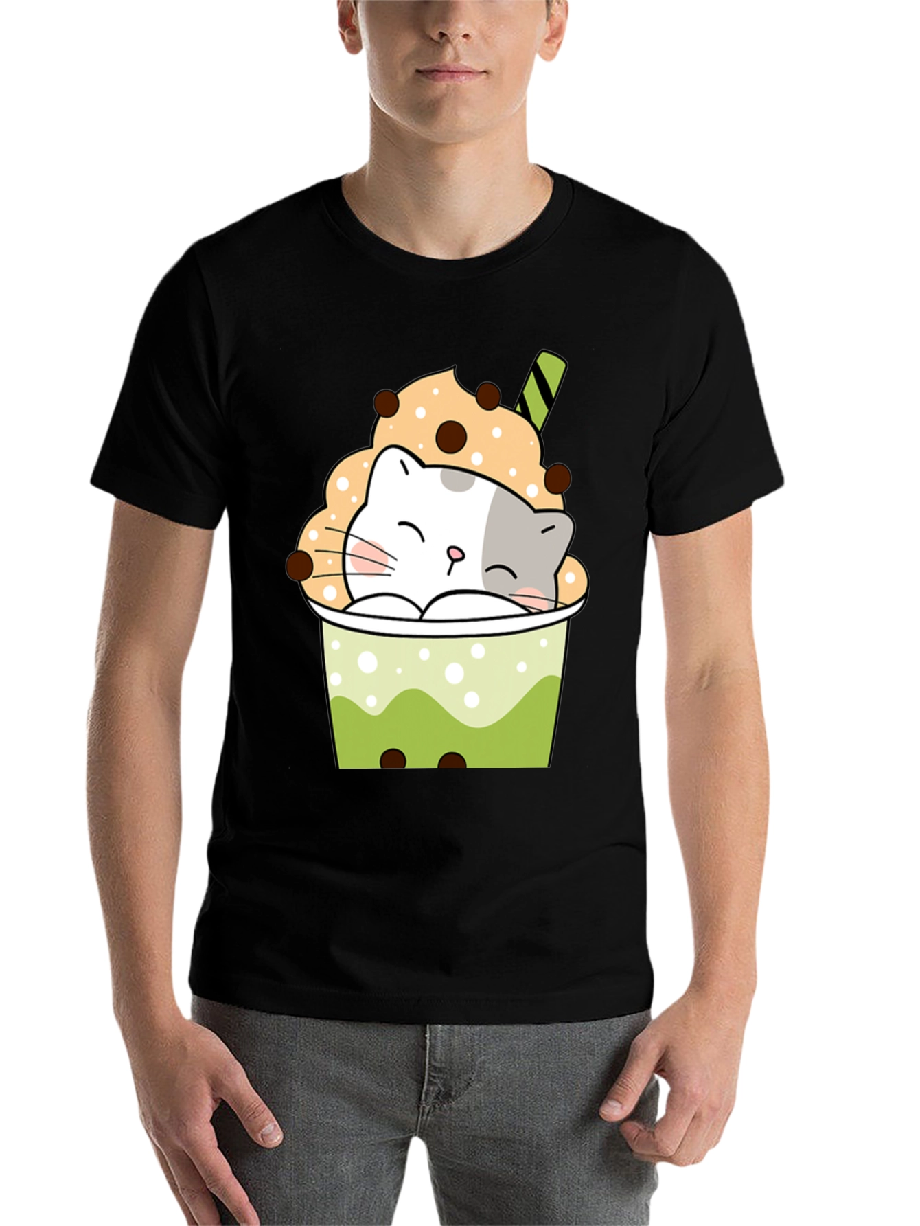 Black Cute Boba Cat Black T-Shirt view 7