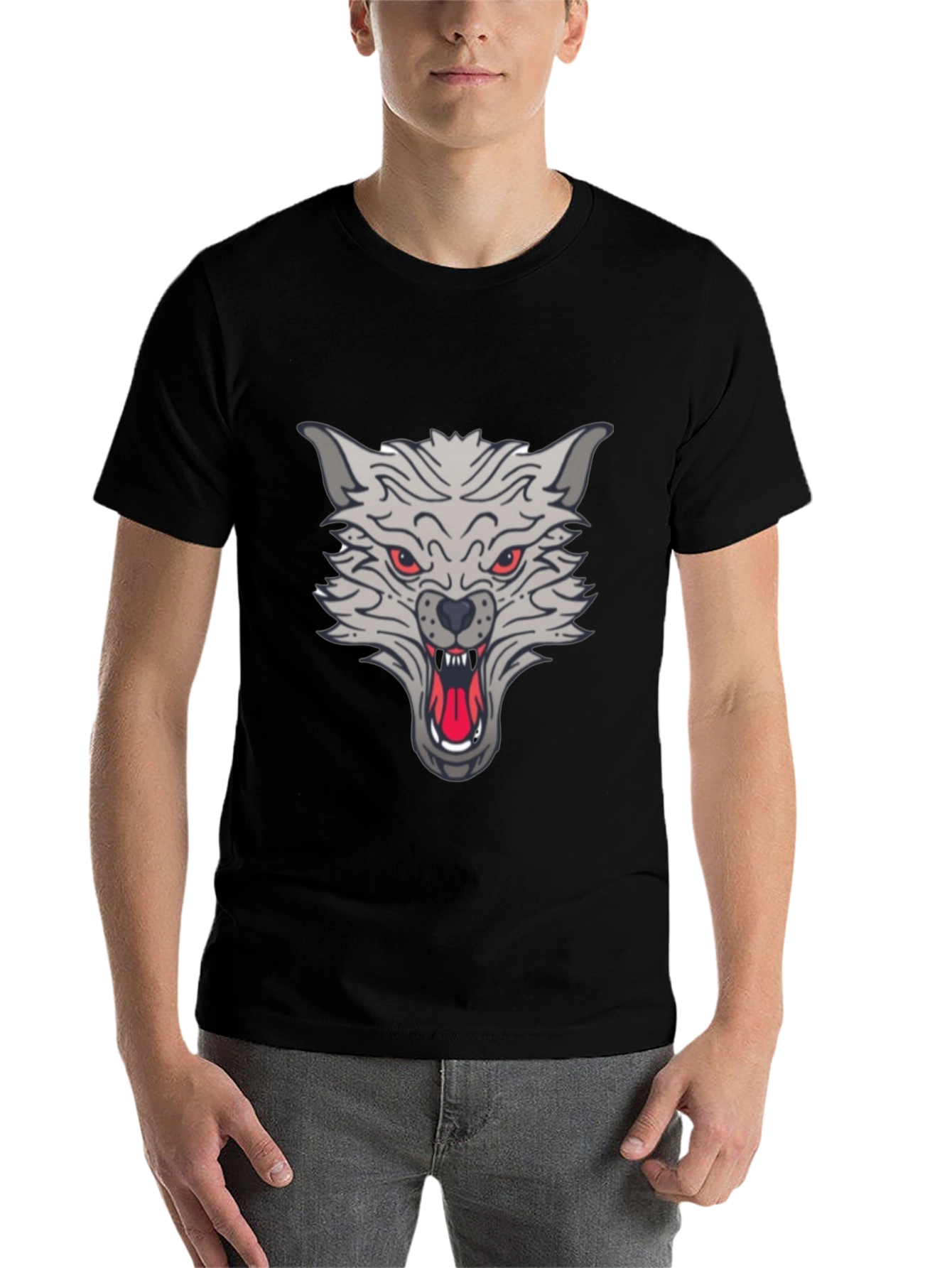 Black Men's Black Wolf Graphic T-Shirt view 7