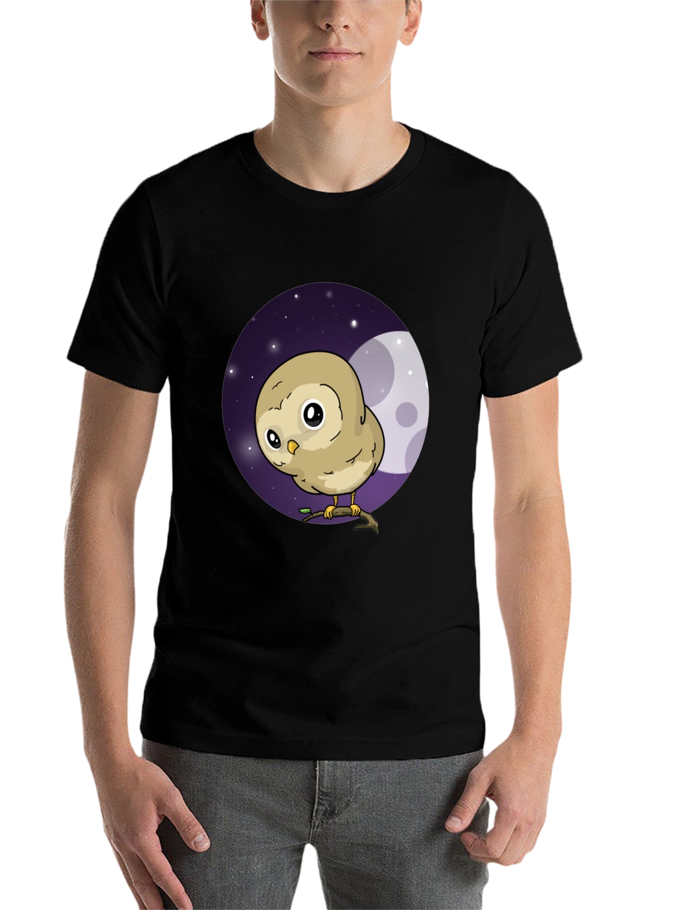 Black Cute Owl Moon Graphic Black T-Shirt view 7