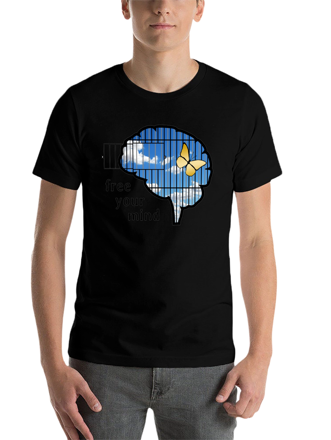 Black Free Your Mind T-Shirt: Brain Cage & Butterfly Graphic Tee view 7