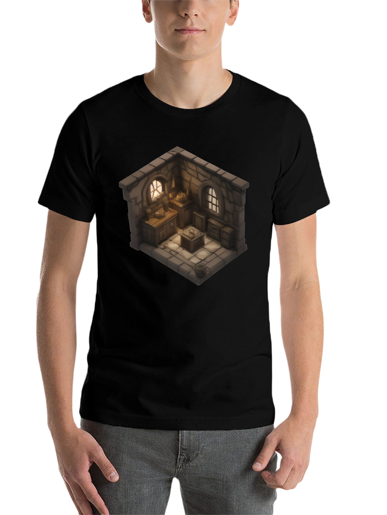 Black Isometric Medieval Room T-Shirt - Fantasy Decor Tee view 7