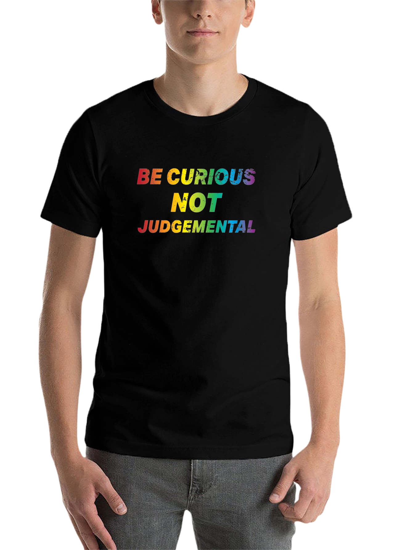 Black Be Curious Rainbow Text Black T-Shirt view 7