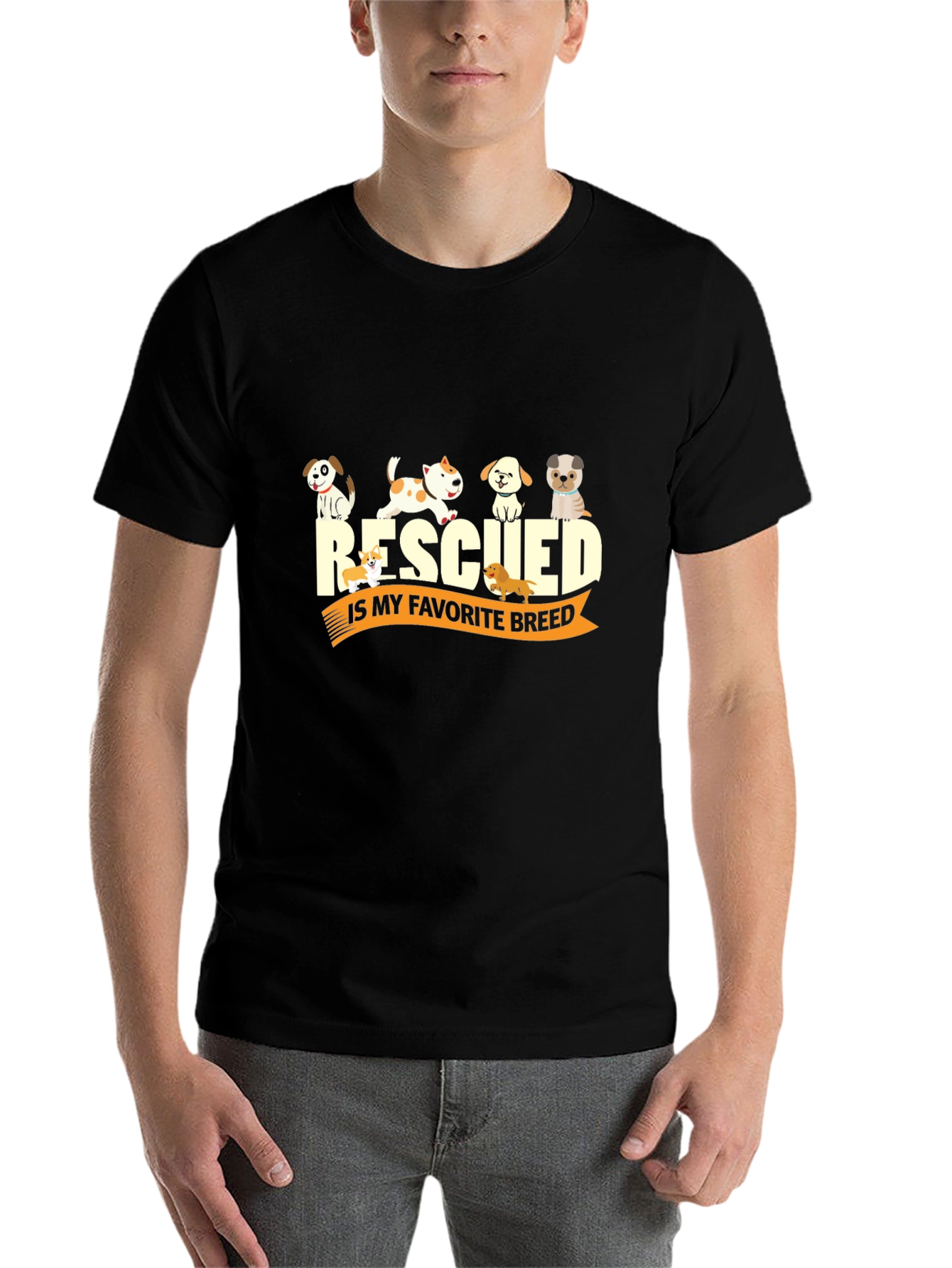 Black Rescued Is My Favorite Breed Black T-Shirt view 7