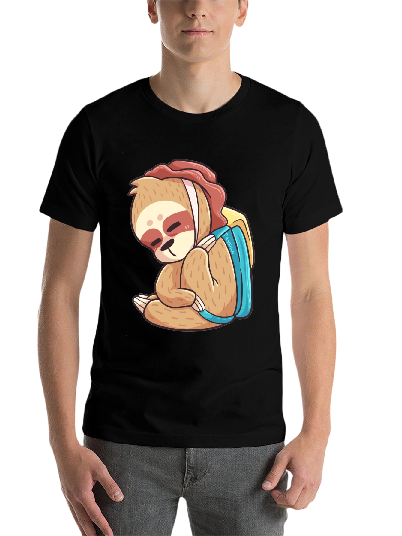 Black Sloth with Backpack Graphic T-Shirt view 7