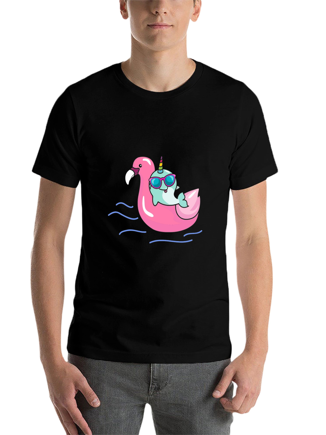 Black Narwhal on Flamingo Float Black T-Shirt view 7