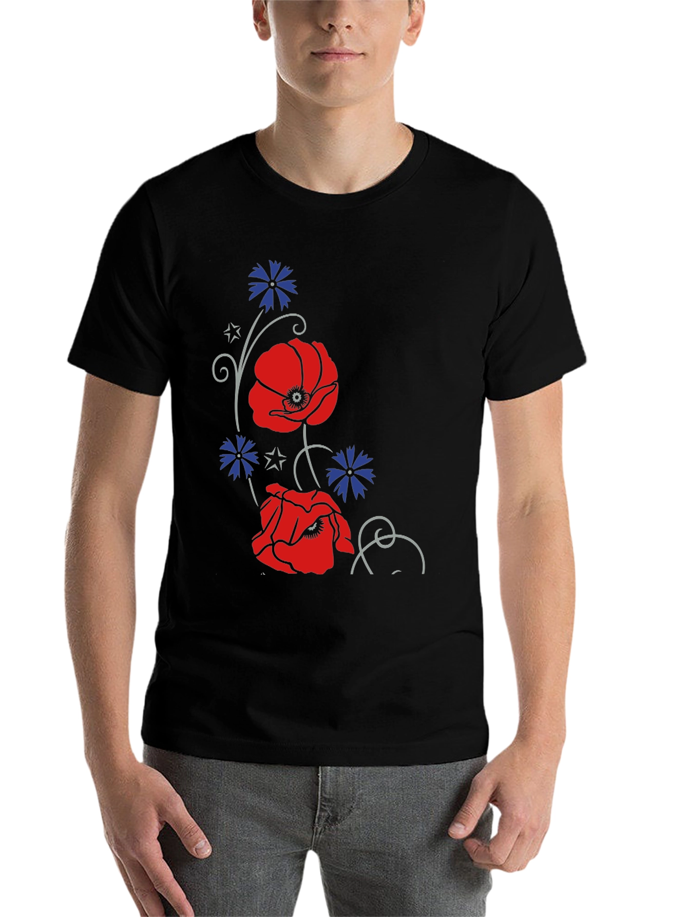 Black Floral Poppy & Cornflower Print Black T-Shirt view 7