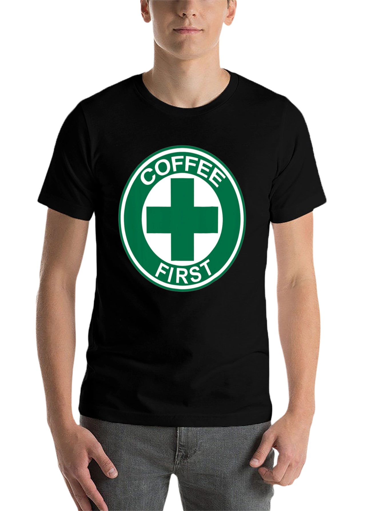 Black Coffee First T-Shirt - Green Cross Design view 7