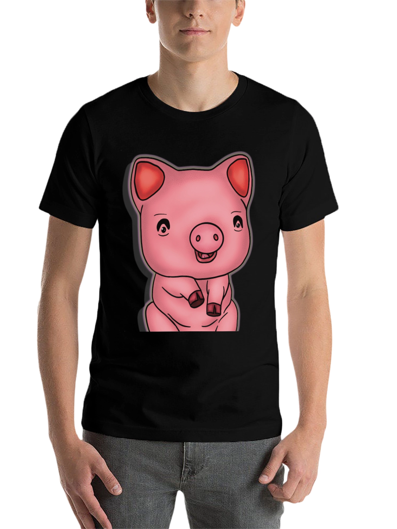 Black Cute Pig Graphic Black T-Shirt view 7