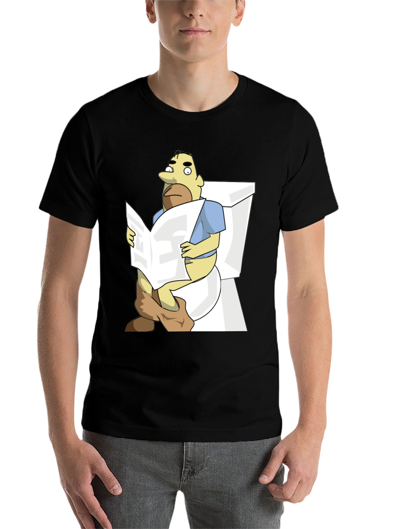 Black Humorous Cartoon Man on Toilet T-Shirt view 7