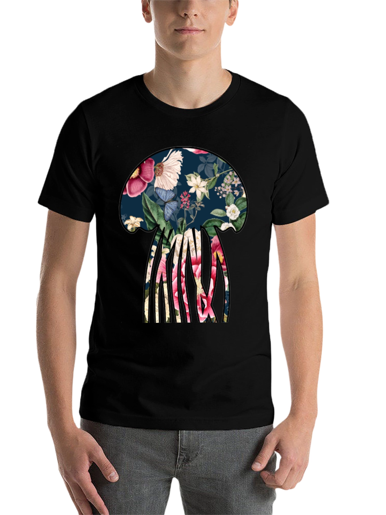 Black Floral Jellyfish Graphic Tee - Black Cotton T-Shirt view 7