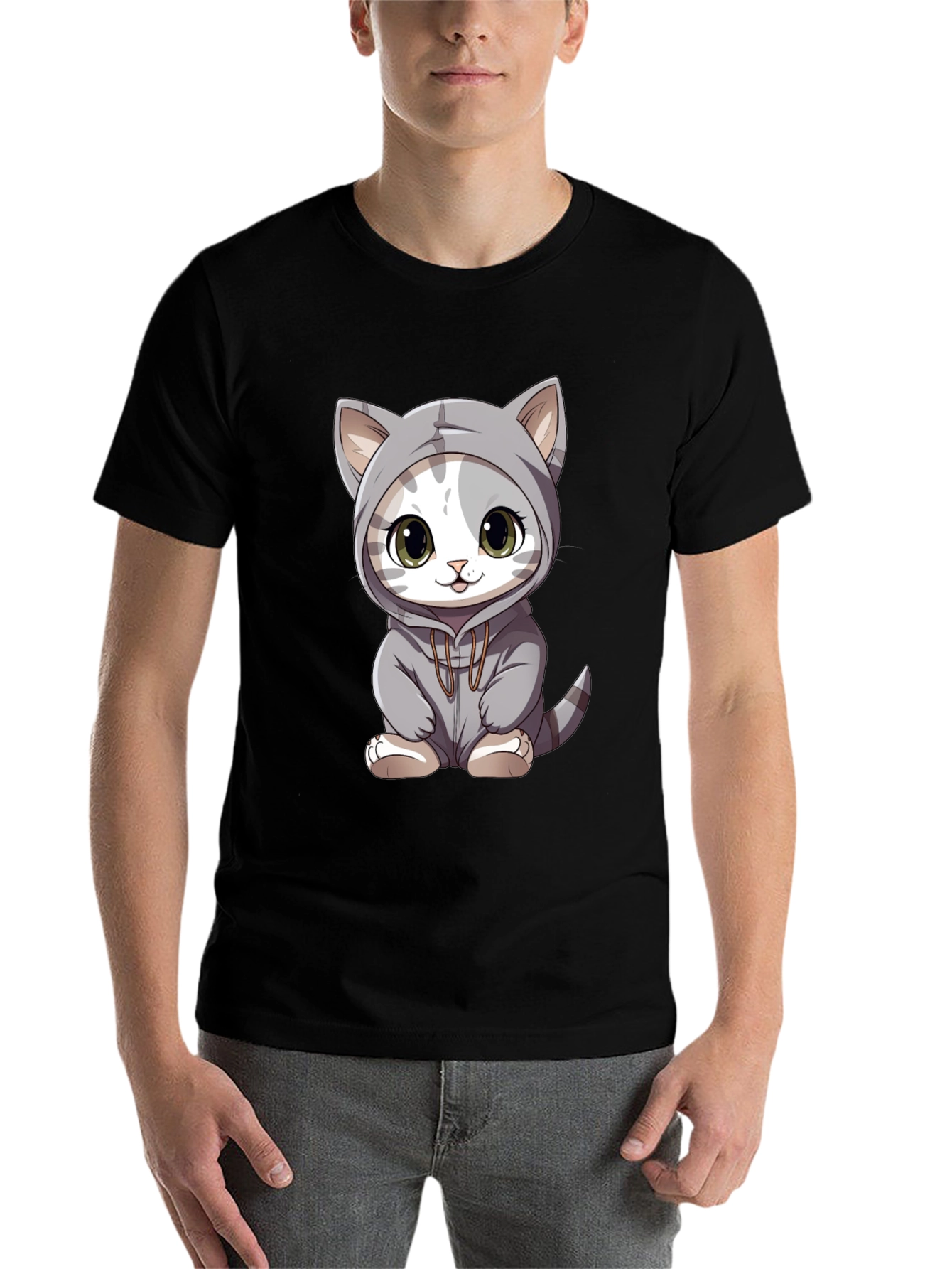 Black Cute Cat Hoodie T-Shirt view 7