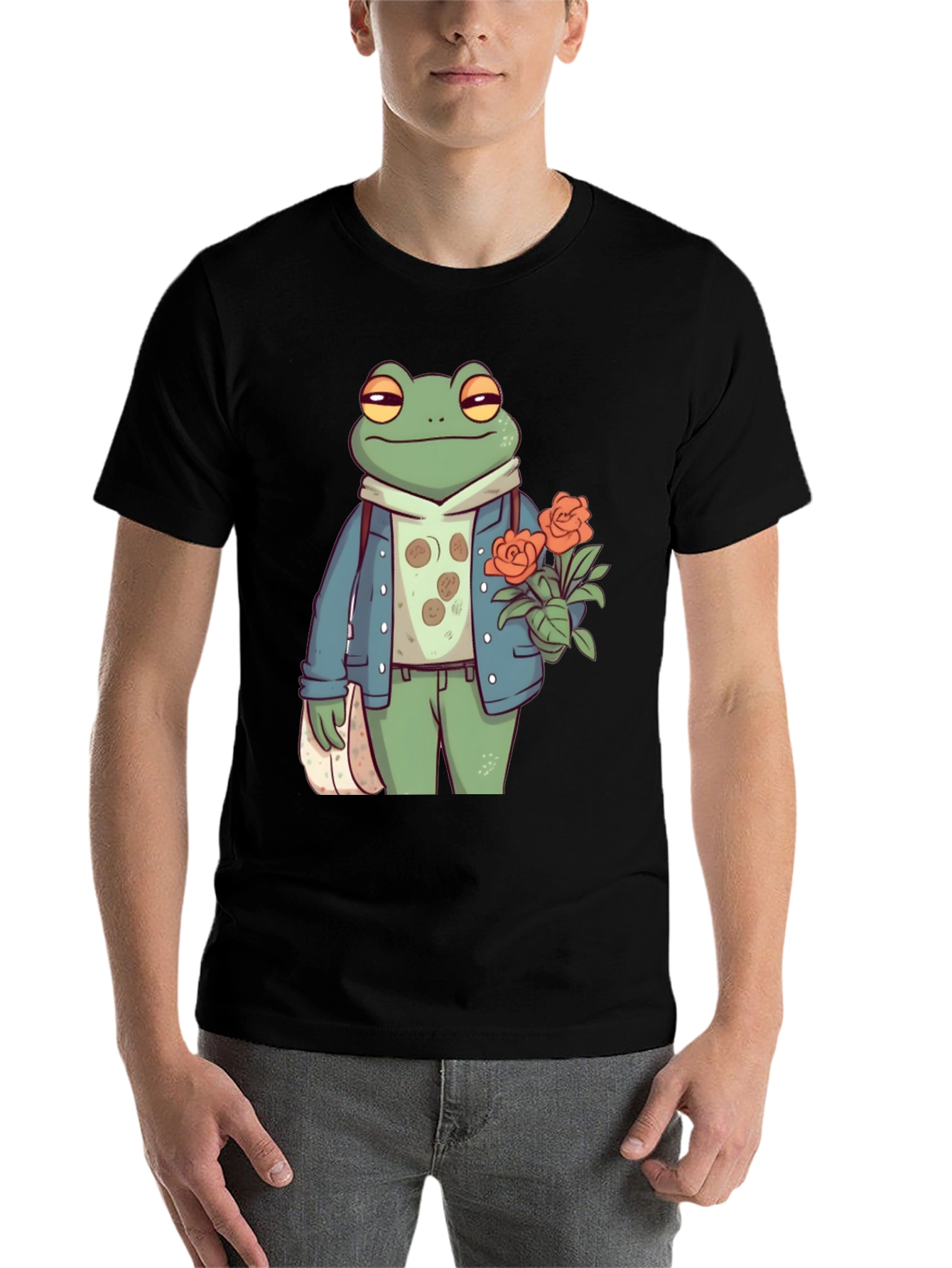 Black Stylish Frog with Flowers Graphic Tee view 7