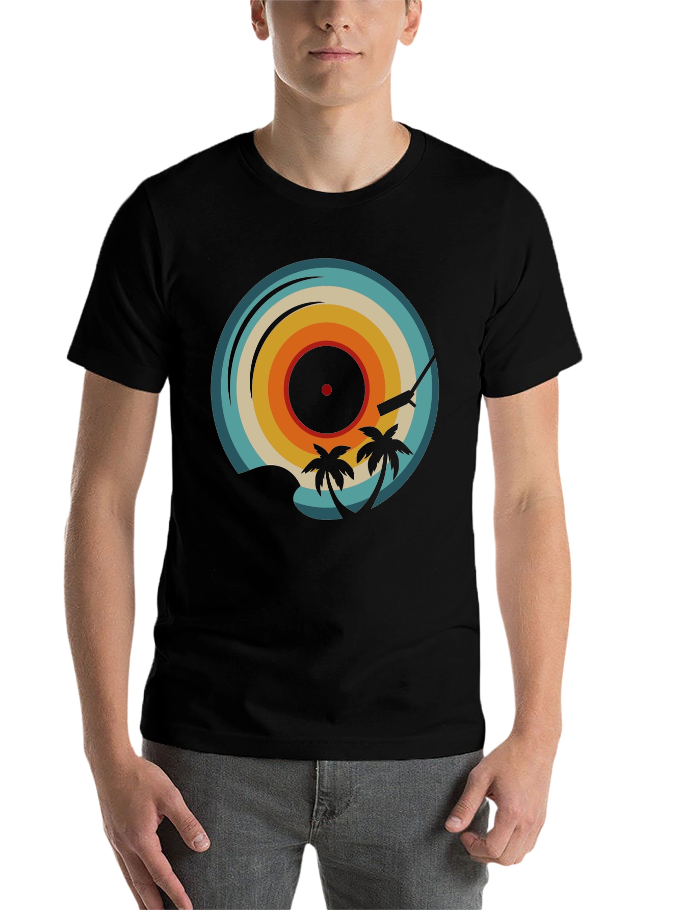 Black Retro Vinyl Record Palm Tree Graphic Tee view 7
