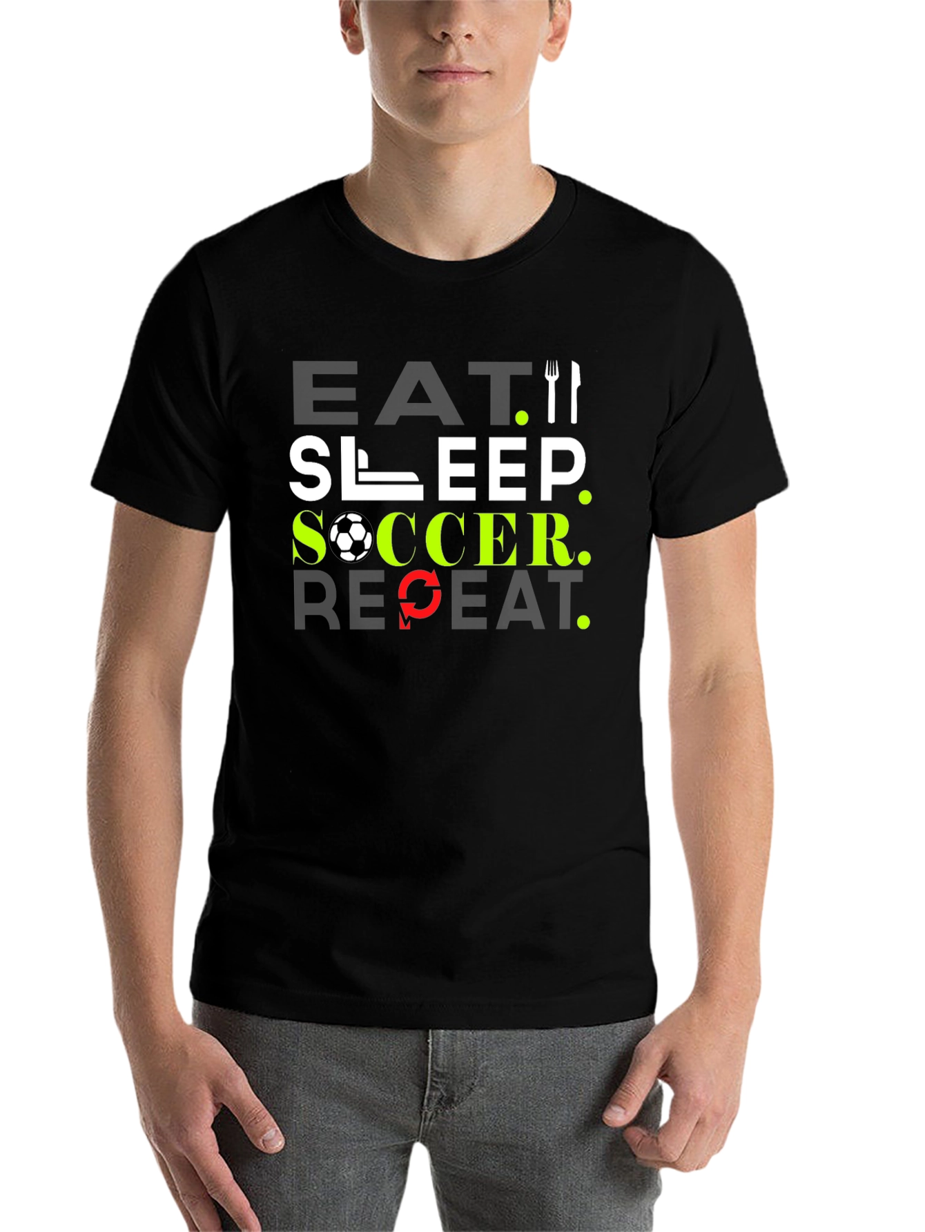 Black Eat Sleep Soccer Repeat Black T-Shirt view 7