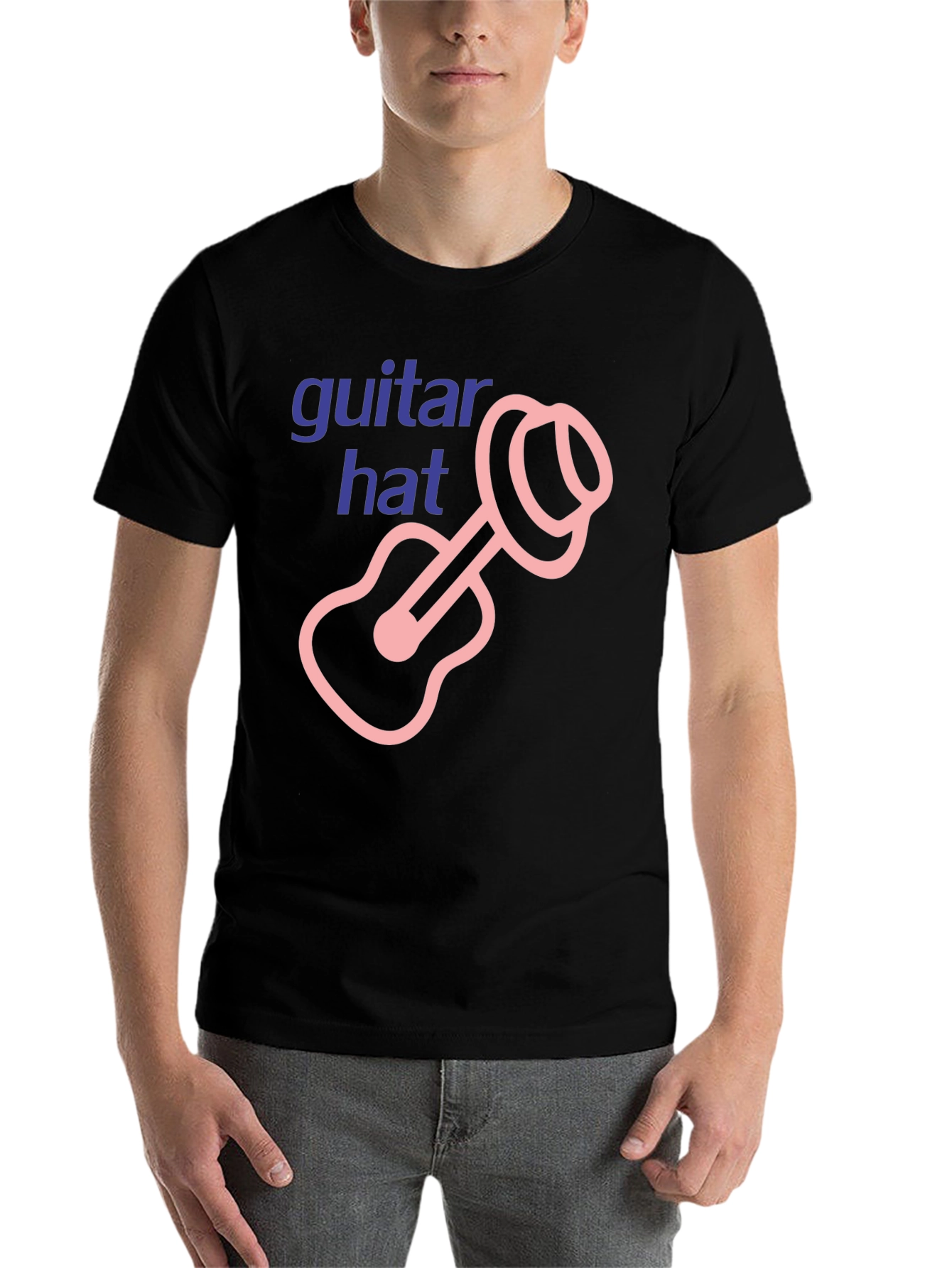 Black Guitar Hat Graphic Tee - Black Cotton T-Shirt view 7