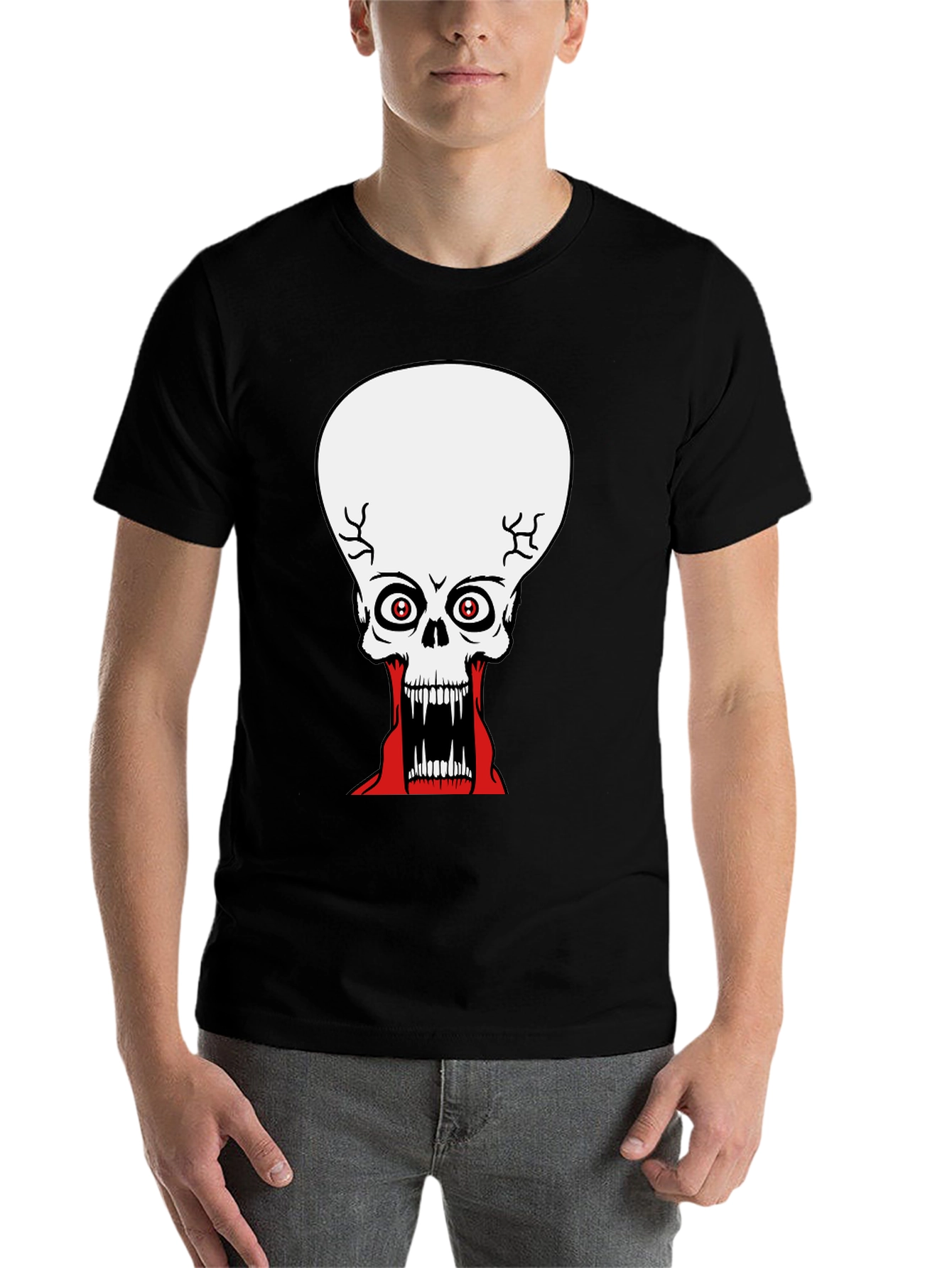 Black Creepy Skull Graphic Print Black T-Shirt view 7