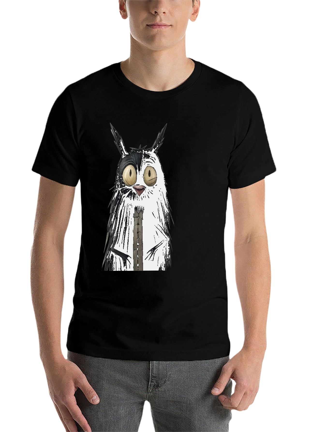 Black Whimsical Cat Graphic Tee - Unisex Black T-Shirt view 7