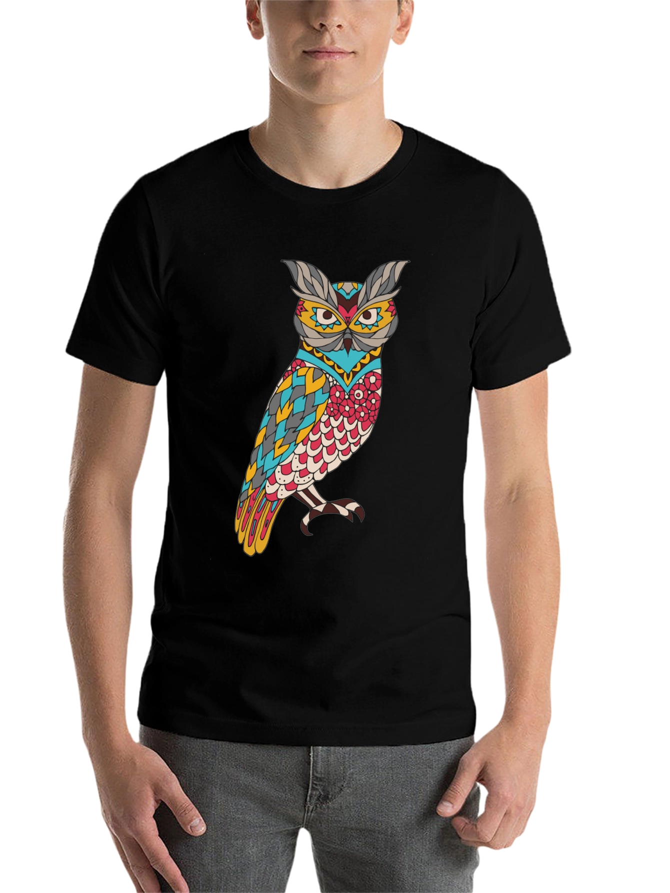 Black Owl Graphic Print Men's Black T-Shirt view 7