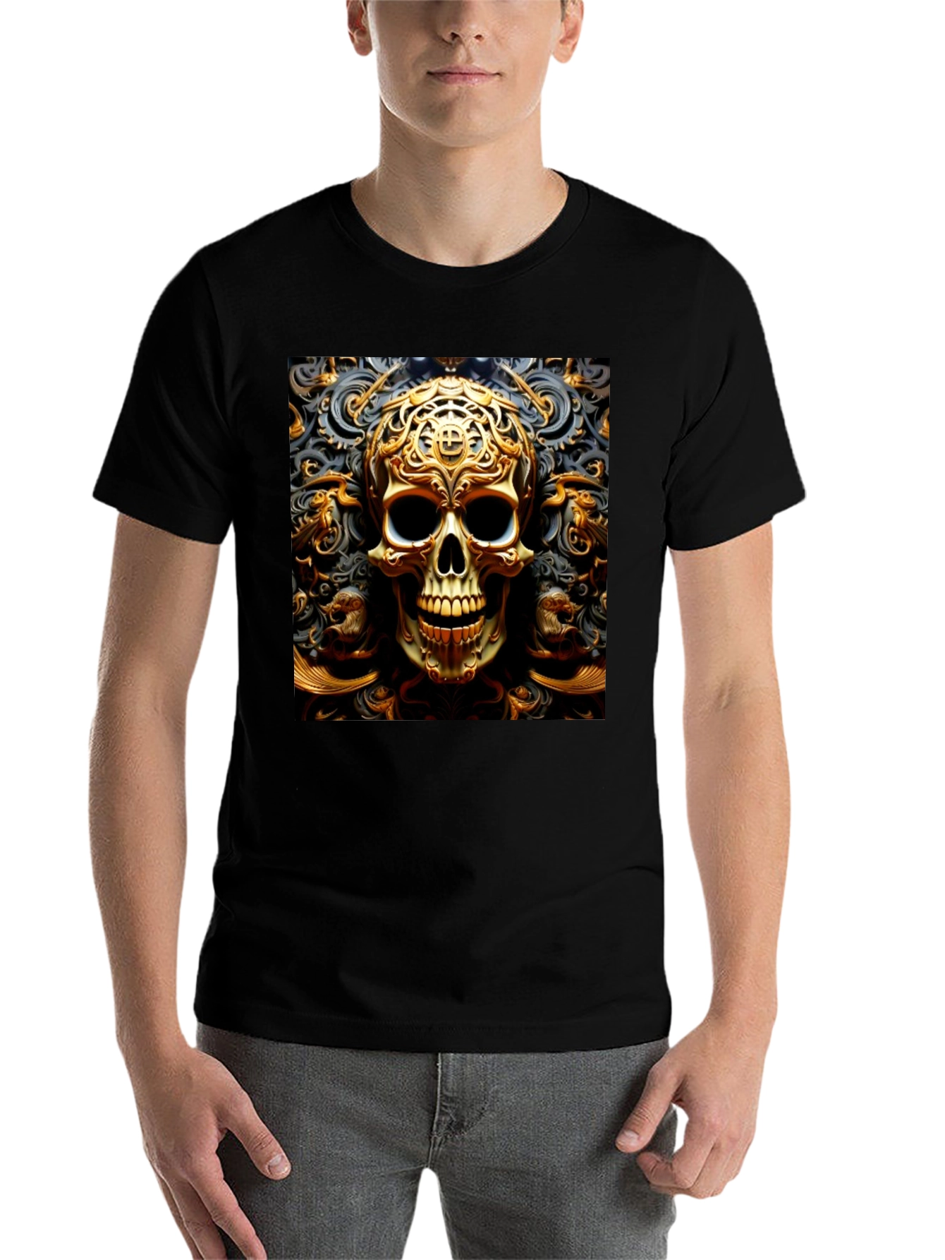 Black Ornate Gold Skull Graphic Tee view 7