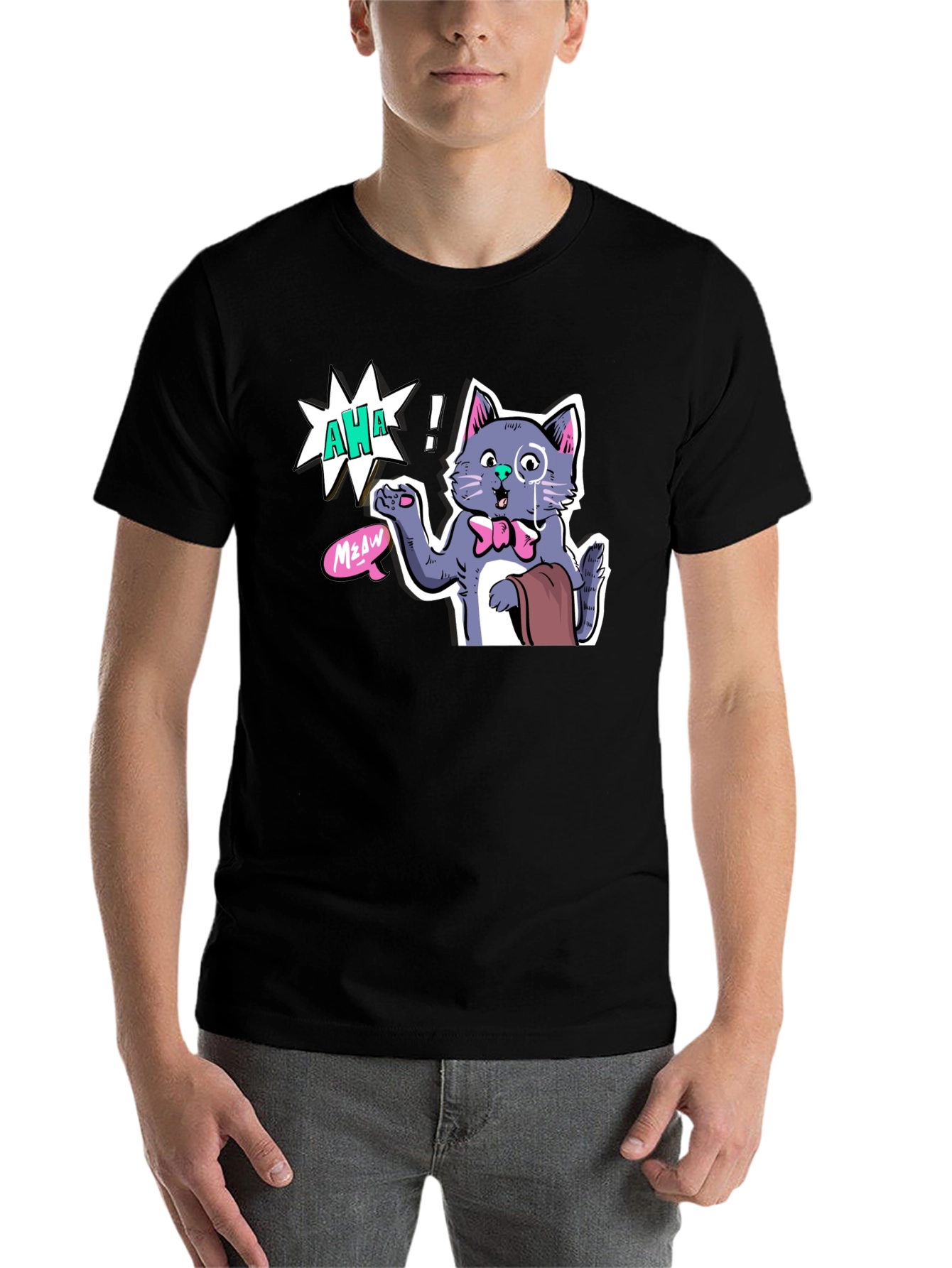 Black AHA! Monocled Cat Tee - Quirky Cartoon Style view 7