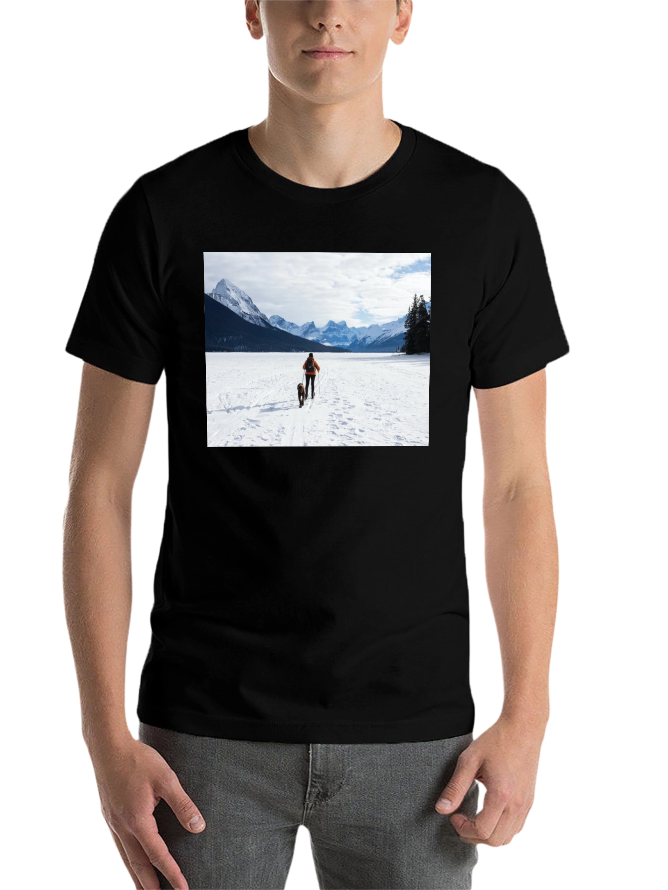 Black Winter Adventure T-Shirt: Skier & Dog Graphic Tee view 7