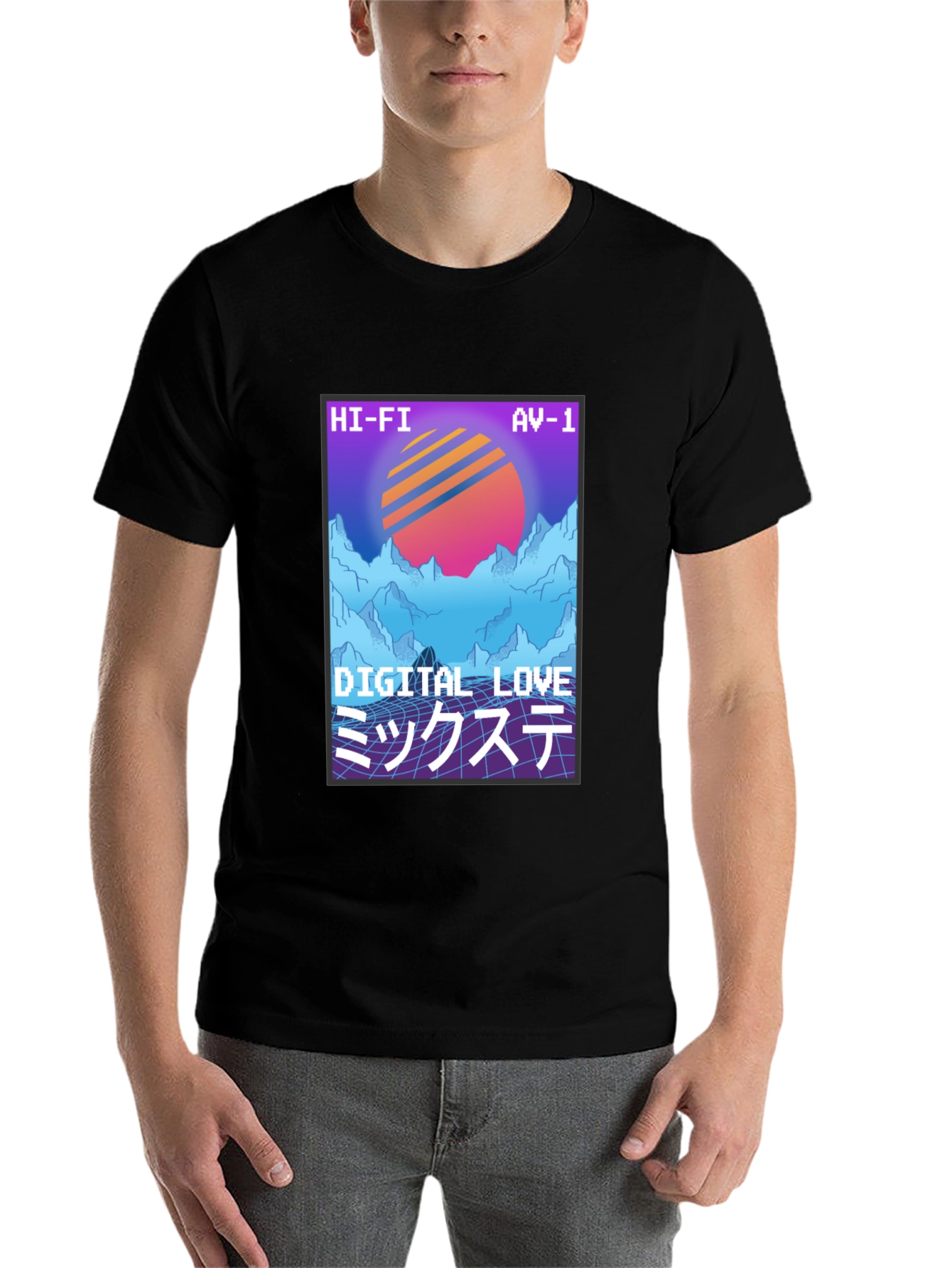 Black Retro Digital Love T-Shirt - 80s Synthwave Style view 7