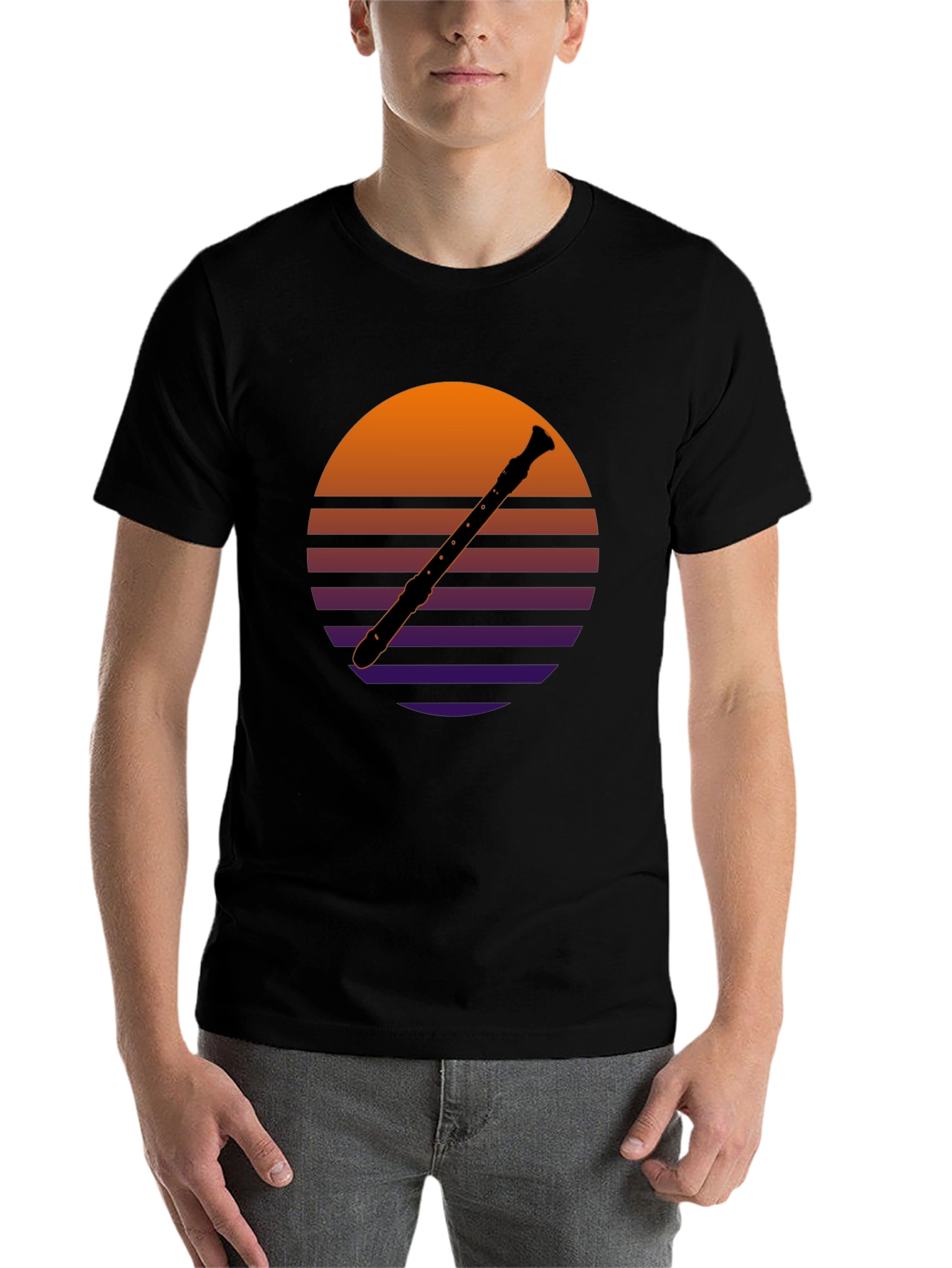 Black Retro Recorder T-Shirt - Vintage Sunset Design view 7