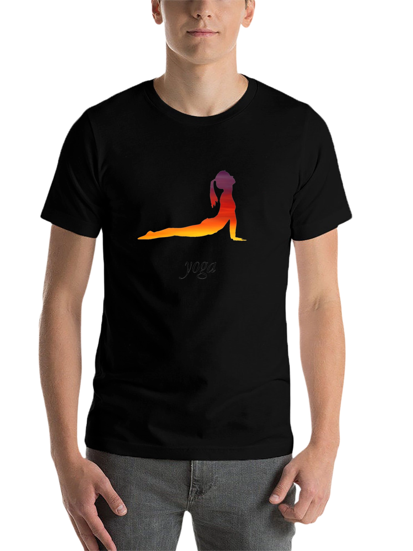 Black Yoga Pose T-Shirt - Sunset Silhouette view 7