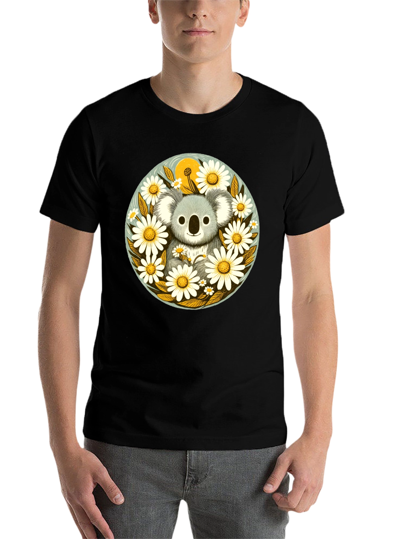 Black Koala & Daisy Graphic Tee - Black Cotton T-Shirt view 7