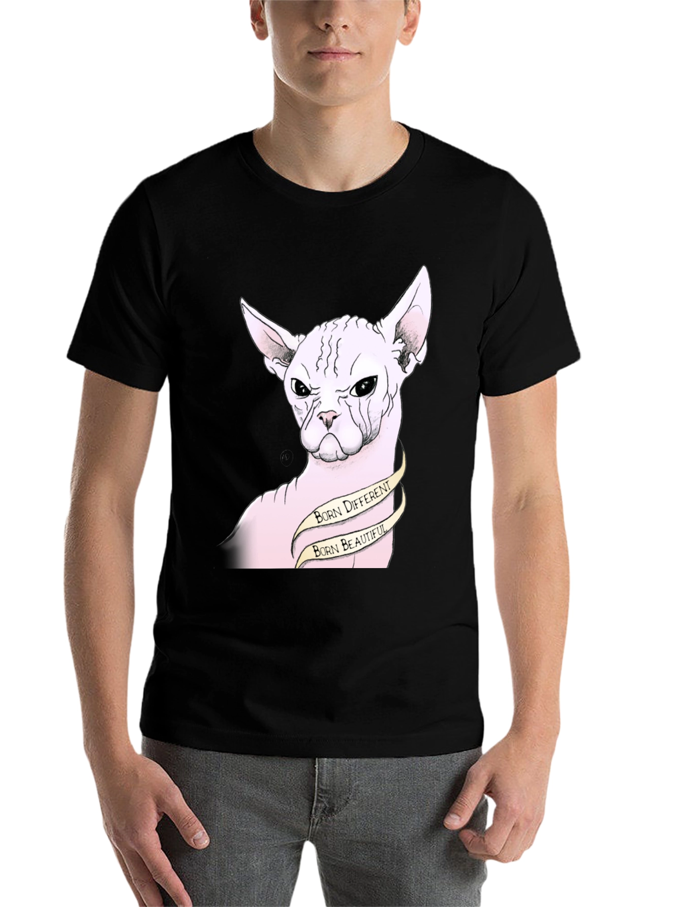 Black Unique Sphynx Cat Graphic Tee - Born Different, Beautiful view 7