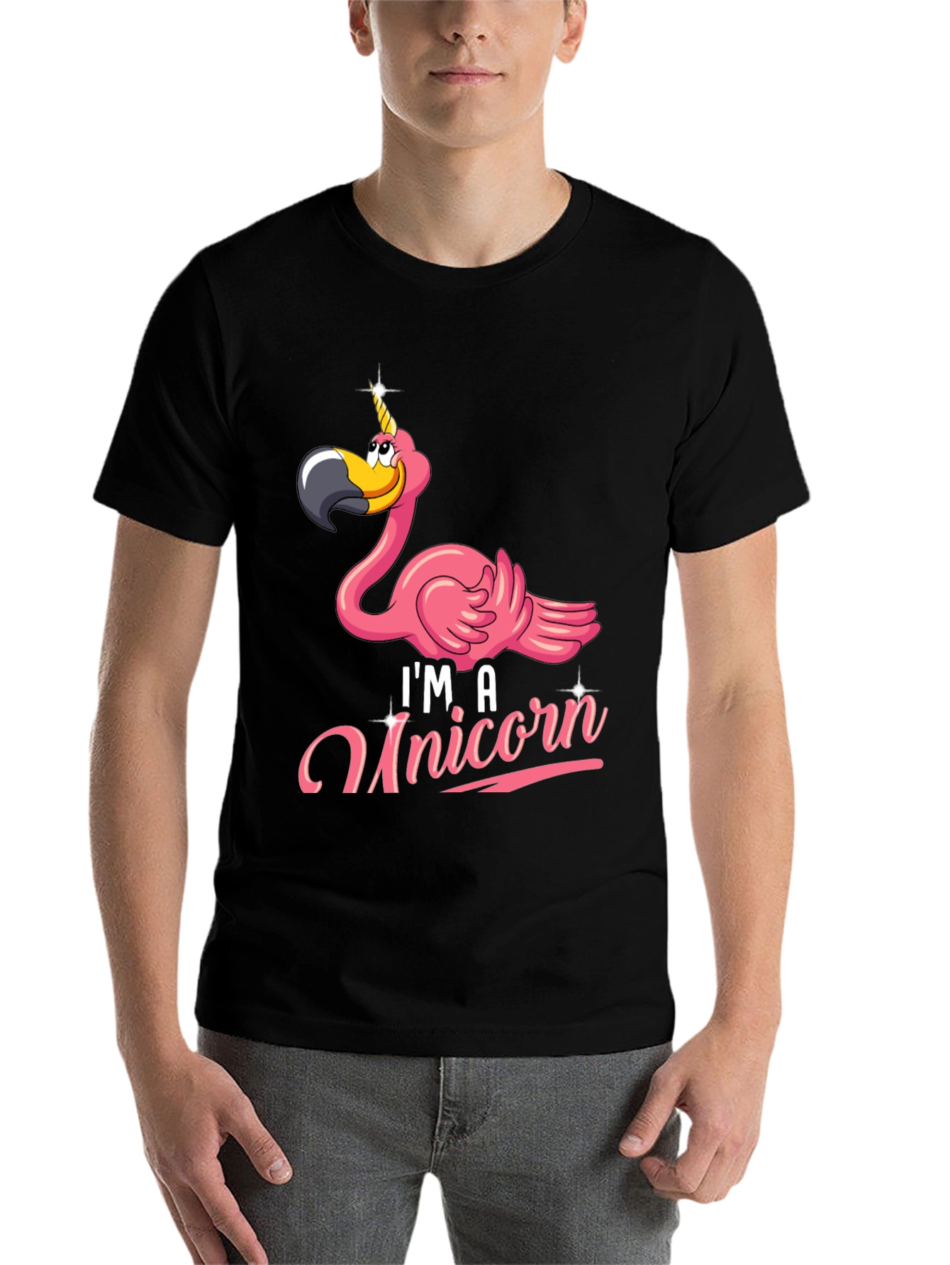 Black Funny Flamingo Unicorn Men's Black T-Shirt view 7