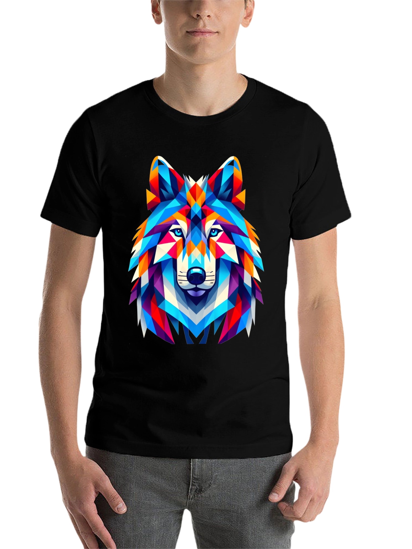 Black Geometric Wolf Head Graphic T-Shirt - Black view 7