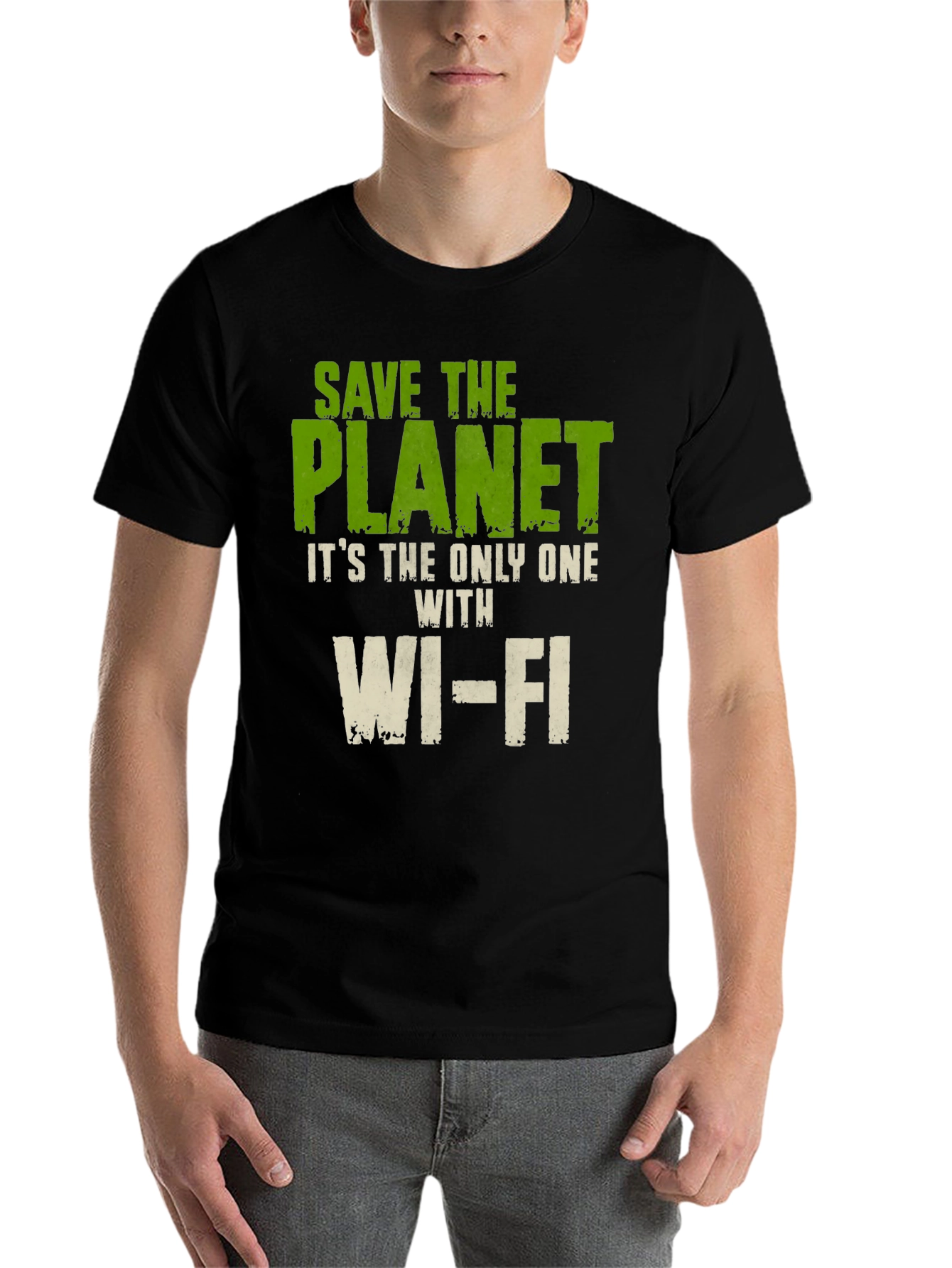 Black Save the Planet T-Shirt - Wi-Fi Humor Tee view 7