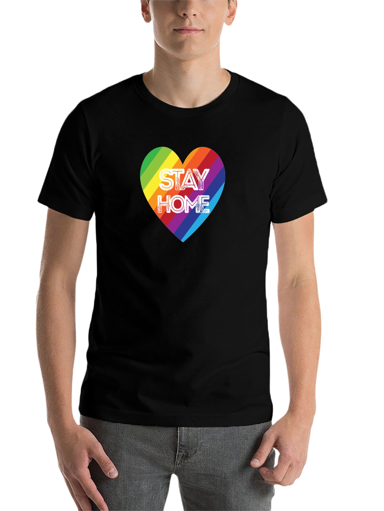 Black Stay Home Rainbow Heart Graphic Tee - Black Cotton T-Shirt view 7