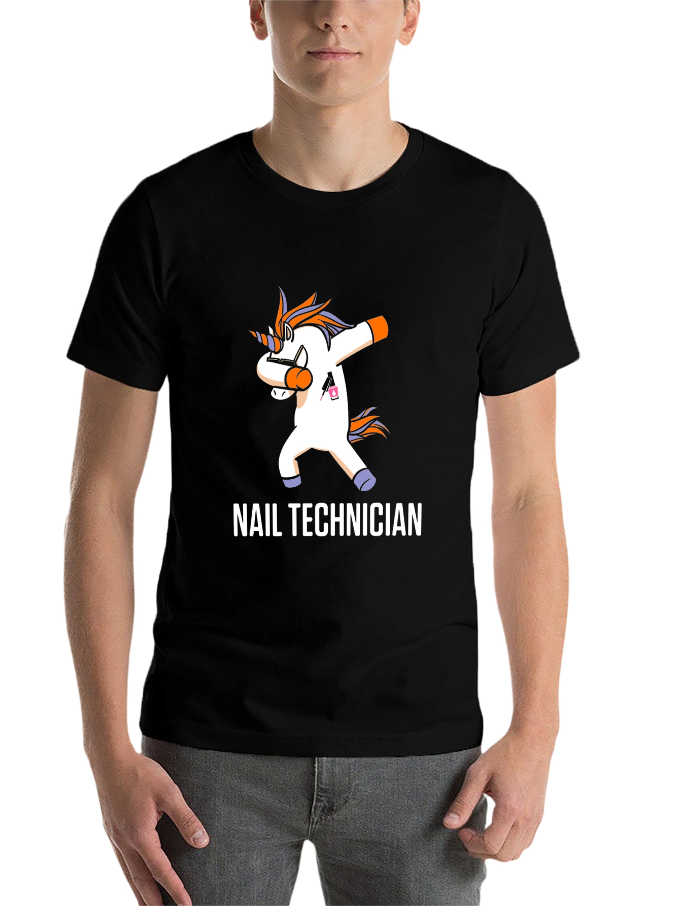 Black Nail Technician Dabbing Unicorn T-Shirt view 7