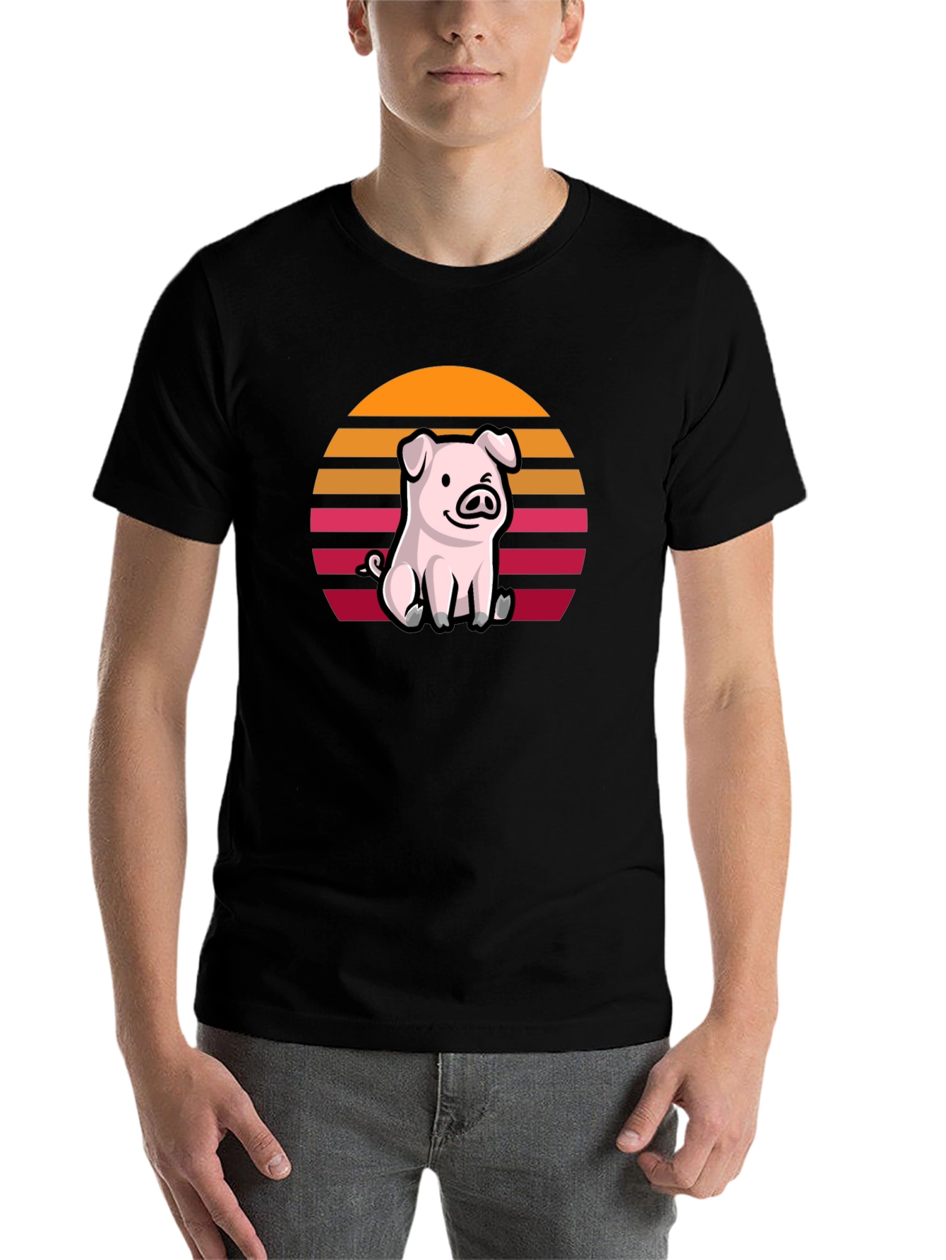 Black Cute Pig Sunset Graphic T-Shirt view 7